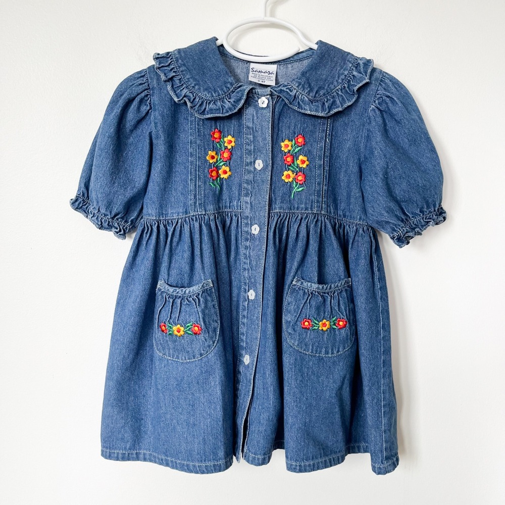Samara Vintage Denim Floral Embroidered Dress Ruffle Collar Girls 4T